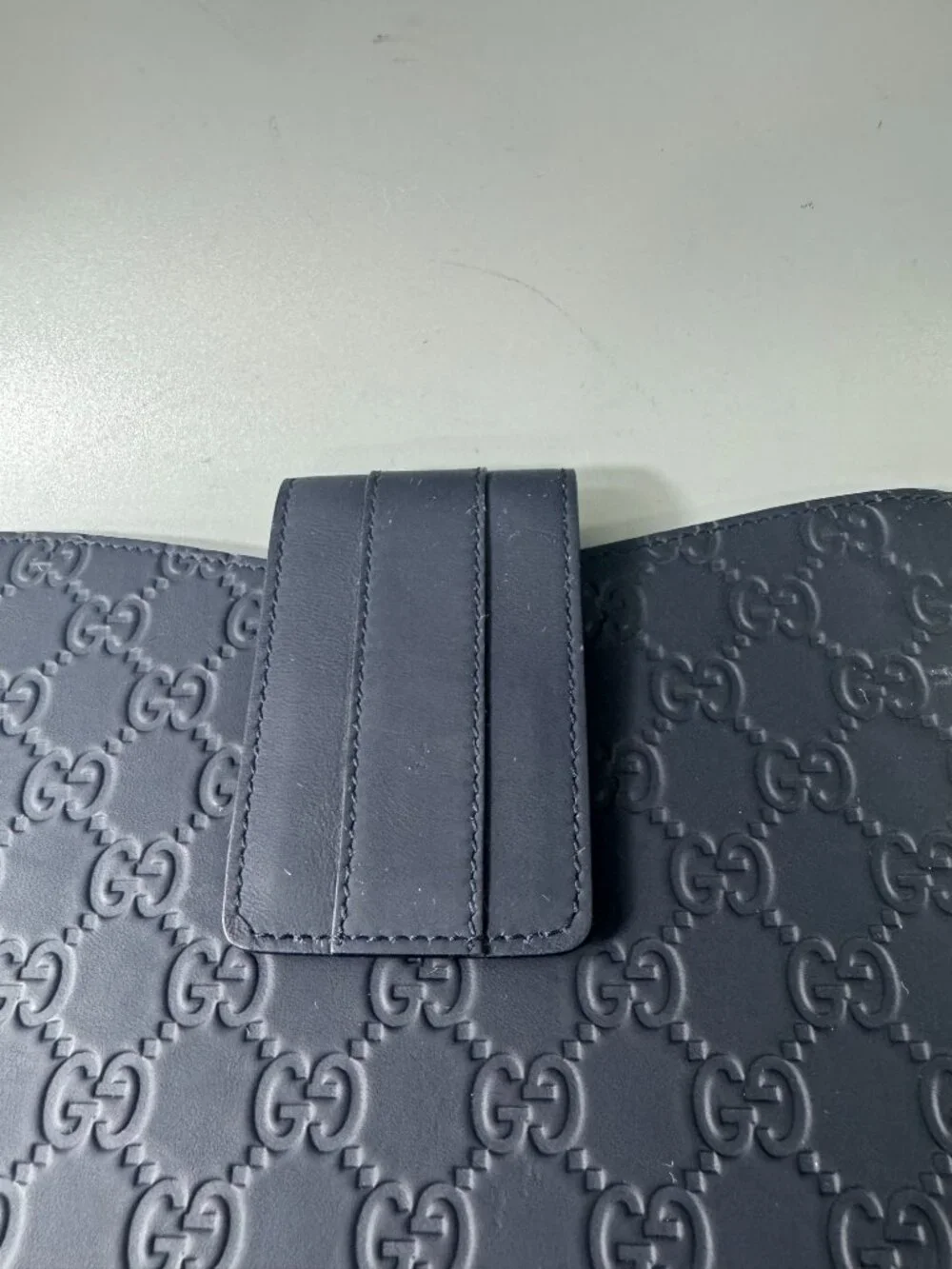 Authentic Gucci 2010s Sima Embossed Navy Blue Leather Tablet Case